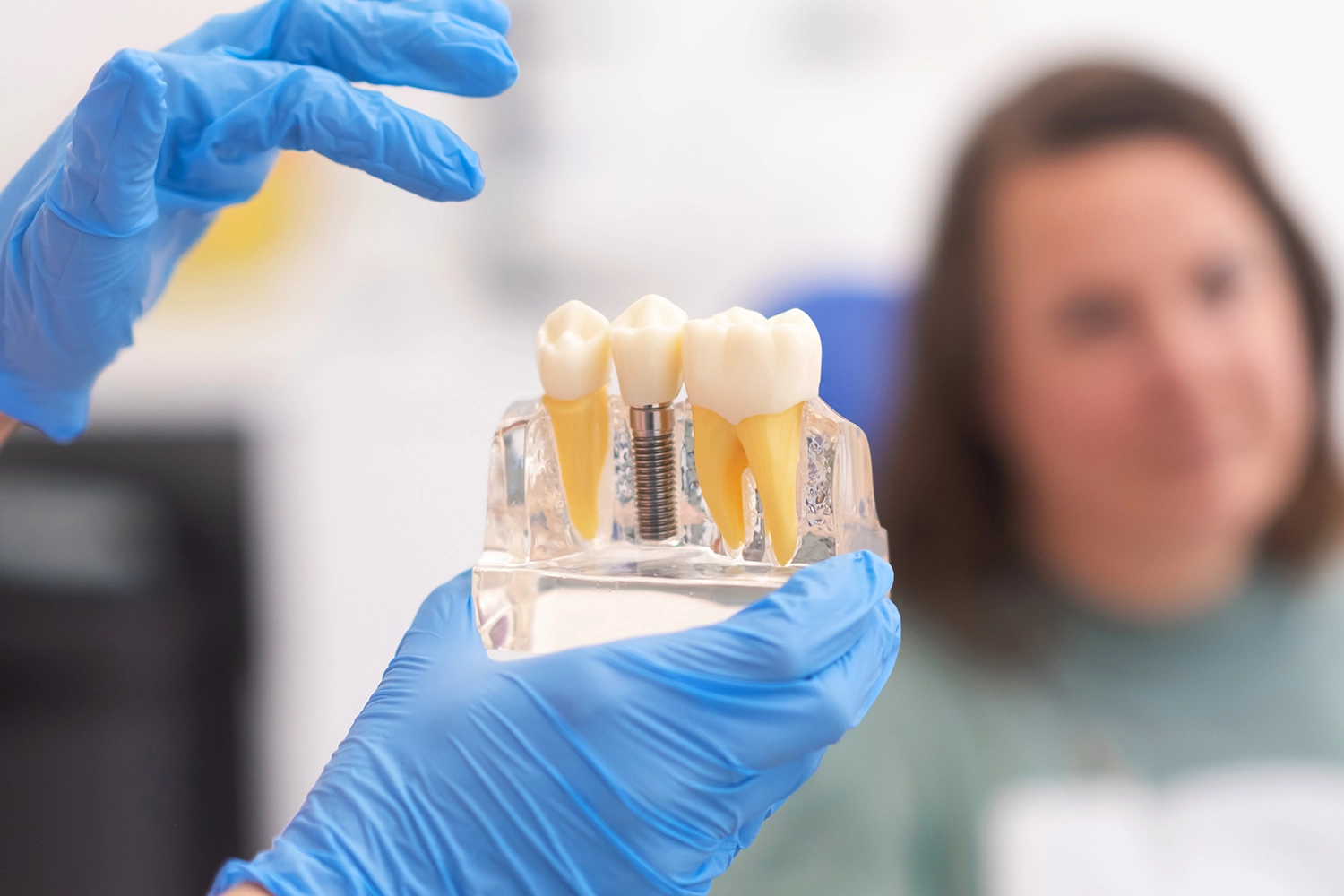 Dentist holding partial denture in hand for patient consultation - Oak Mountain Denture and Implant Center